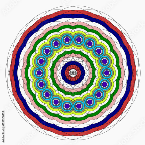 A bright geometric mandala with a multi-colored pattern. The symmetrical design radiates energy and harmony, combining sharp angles with flowing curves in a kaleidoscope of colors.
