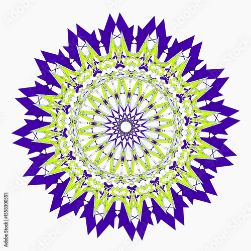 A bright geometric mandala with a multi-colored pattern. The symmetrical design radiates energy and harmony, combining sharp angles with flowing curves in a kaleidoscope of colors.

