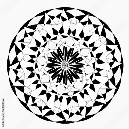 A bright geometric mandala with a multi-colored pattern. The symmetrical design radiates energy and harmony, combining sharp angles with flowing curves in a kaleidoscope of colors.
