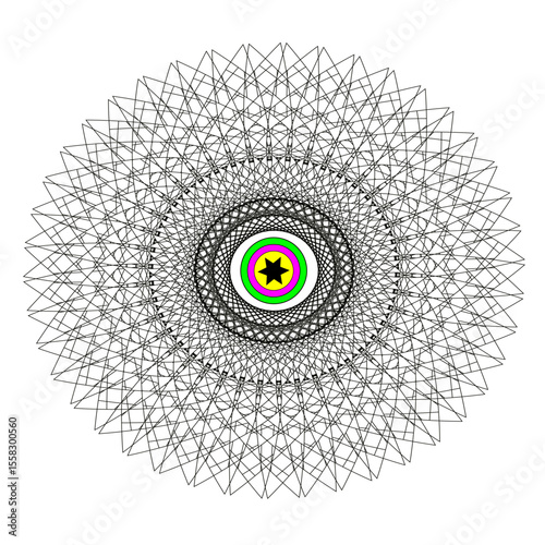 A bright geometric mandala with a multi-colored pattern. The symmetrical design radiates energy and harmony, combining sharp angles with flowing curves in a kaleidoscope of colors.
