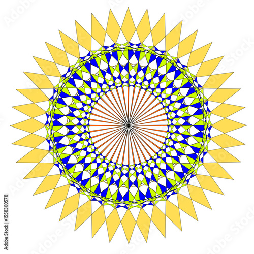 A bright geometric mandala with a multi-colored pattern. The symmetrical design radiates energy and harmony, combining sharp angles with flowing curves in a kaleidoscope of colors.
