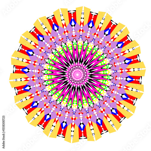 A bright geometric mandala with a multi-colored pattern. The symmetrical design radiates energy and harmony, combining sharp angles with flowing curves in a kaleidoscope of colors.
