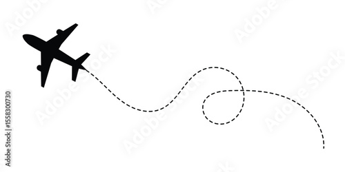 Airplane line path route travel vector concept. Plane routes dotted paths aircraft travel route start point flight destination black airplane. Plane, airplane, Aeroplane, flight, airline in eps 10.