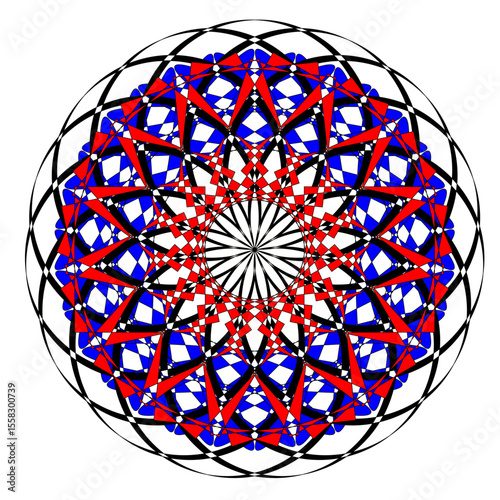 A bright geometric mandala with a multi-colored pattern. The symmetrical design radiates energy and harmony, combining sharp angles with flowing curves in a kaleidoscope of colors.
