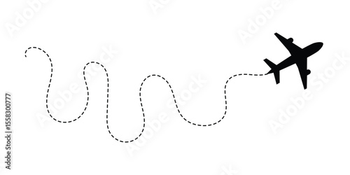 Airplane line path route travel vector concept. Plane routes dotted paths aircraft travel route start point flight destination black airplane. Plane, airplane, Aeroplane, flight, airline in eps 10.