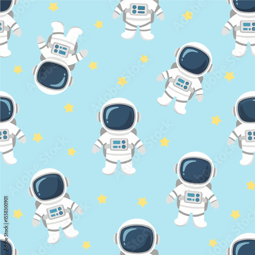 A seamless pattern features cute, flat-design cartoon astronauts and yellow stars floating on a light blue background. Vector Patterns