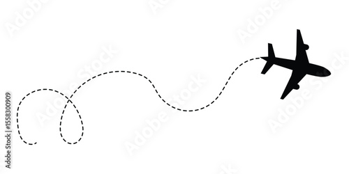 Airplane line path route travel vector concept. Plane routes dotted paths aircraft travel route start point flight destination black airplane. Plane, airplane, Aeroplane, flight, airline in eps 10.