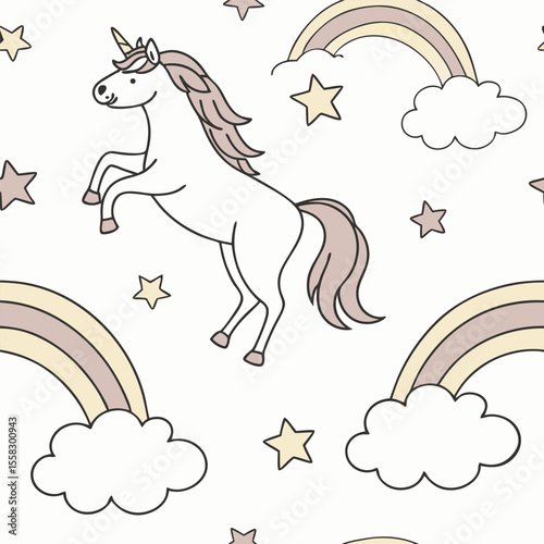 Vector unicorn and rainbow icons, magical dreamland pattern