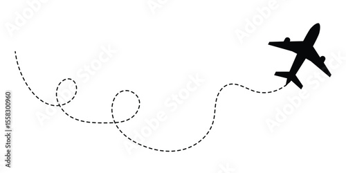 Airplane line path route travel vector concept. Plane routes dotted paths aircraft travel route start point flight destination black airplane. Plane, airplane, Aeroplane, flight, airline in eps 10.