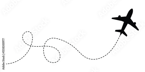 Airplane line path route travel vector concept. Plane routes dotted paths aircraft travel route start point flight destination black airplane. Plane, airplane, Aeroplane, flight, airline in eps 10.