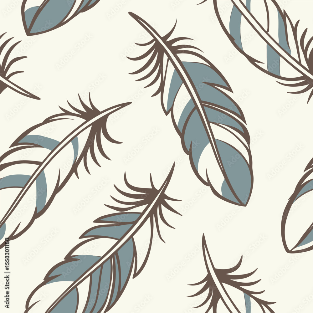 Fototapeta premium Whimsical feather pattern in vector, boho style in soft blues and browns, elegant hand-drawn aesthetic