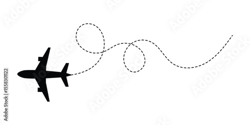 Airplane line path vector icon of air plane flight route with start point and dash dotted line trace. Love travel route. Airplane routes. Travel vector icon in eps 10.