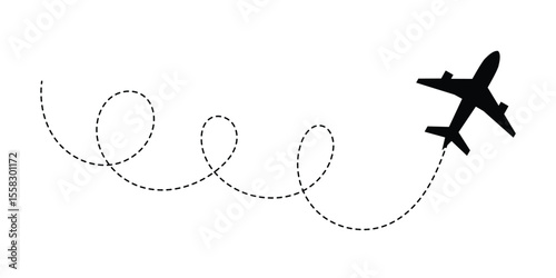 Airplane line path vector icon of air plane flight route with start point and dash dotted line trace. Love travel route. Airplane routes. Travel vector icon in eps 10.
