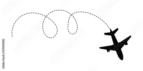 Airplane line path vector icon of air plane flight route with start point and dash dotted line trace. Love travel route. Airplane routes. Travel vector icon in eps 10.