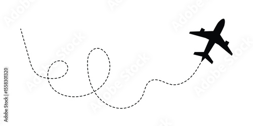 Airplane line path vector icon of air plane flight route with start point and dash dotted line trace. Love travel route. Airplane routes. Travel vector icon in eps 10.