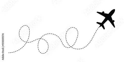 A set of airplane silhouettes with dotted flight paths, representing travel routes and aviation movement. Perfect for flight-related designs, trip planning concepts, and air travel graphics in eps 10.