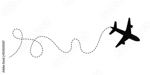Airplane line path vector icon of air plane flight route with start point and dash dotted line trace. Love travel route. Airplane routes. Travel vector icon in eps 10.