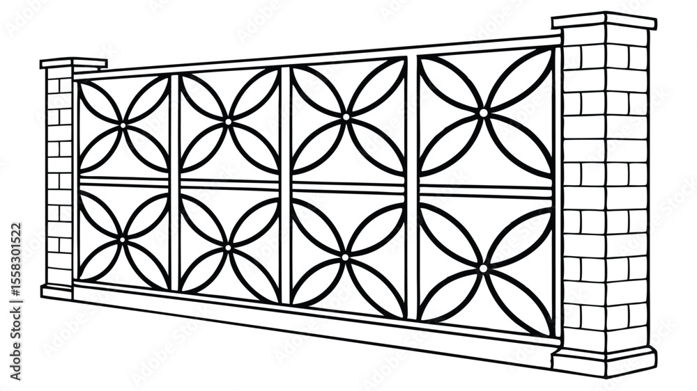 A black and white fence with a geometric pattern of circles and squares, the background is plain white