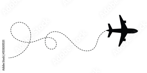A set of airplane silhouettes with dotted flight paths, representing travel routes and aviation movement. Perfect for flight-related designs, trip planning concepts, and air travel graphics in eps 10.