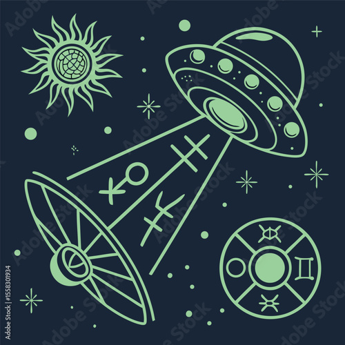 A glowing UFO abducting a satellite dish with a beam of light, surrounded by stars, sun and zodiac symbols on a dark blue background