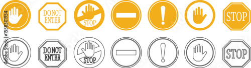 Stop icon set.No Entry or No Sign and Warning Icon.hand stop sign and symbol. Do not enter red sign.Alert information, accident notification vector illustration.sign icon vector illustration.
