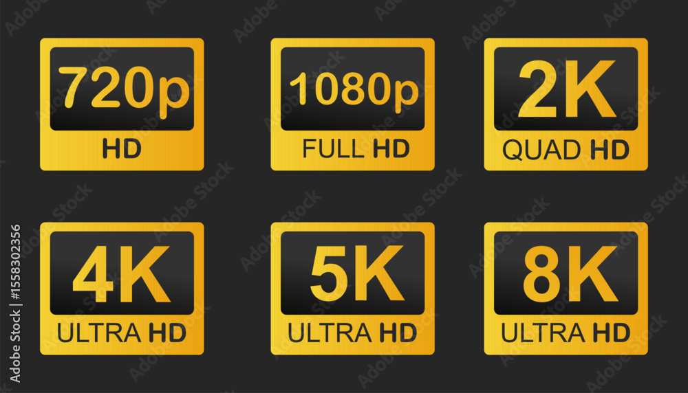 Video resolutions full ultra quad HD, video quality badge icon. Video resolution set.