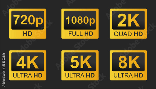 Video resolutions full ultra quad HD, video quality badge icon. Video resolution set.