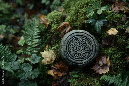 Celtic spiral stone symbol in mossy forest: overhead view, ancient stone with engraved triskele or Celtic spiral, surrounded by leaves and moss, nature magic vibes