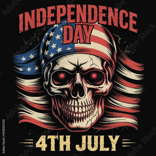 Liberty Never Dies: A Skull’s Gritty Tribute to Independence Day with Stars, Stripes, and Revolutionary Defiance, Independence Day Skull T-shirt Vector Typography Design