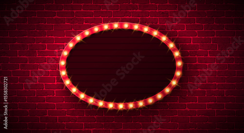 Retro Signboard Lightbox Banner Design with Glowing Light Bulb Frame Billboard on Vintage Brick Wall Background. Vector Customizable Marquee Sign Illustration for Casino Advertising, Theater Show