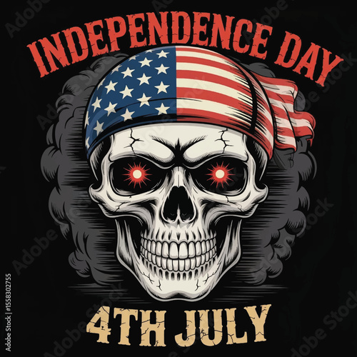 Liberty Never Dies: A Skull’s Gritty Tribute to Independence Day with Stars, Stripes, and Revolutionary Defiance, Independence Day Skull T-shirt Vector Typography Design