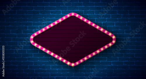 Retro Signboard Lightbox Banner Design with Glowing Light Bulb Frame Billboard on Vintage Brick Wall Background. Vector Customizable Marquee Sign Illustration for Casino Advertising, Theater Show