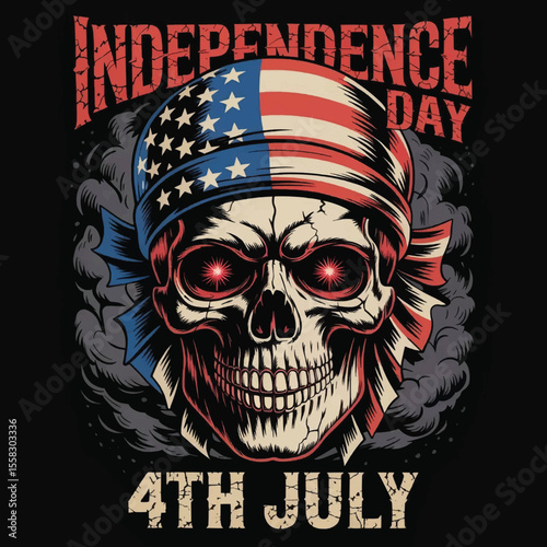 Liberty Never Dies: A Skull’s Gritty Tribute to Independence Day with Stars, Stripes, and Revolutionary Defiance, Independence Day Skull T-shirt Vector Typography Design