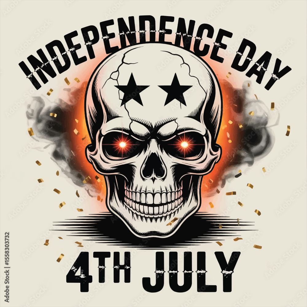 Fototapeta premium Liberty Never Dies: A Skull’s Gritty Tribute to Independence Day with Stars, Stripes, and Revolutionary Defiance, Independence Day Skull T-shirt Vector Typography Design