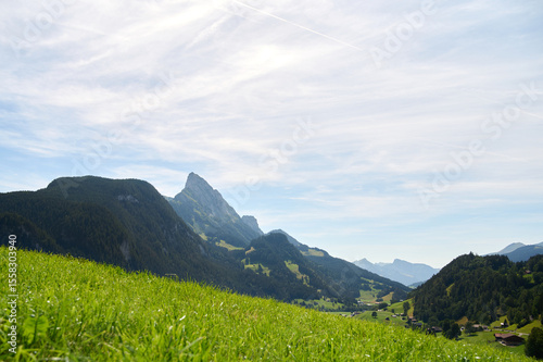 Lush green hills stretch across the foreground with majestic mountains rising in the background under a clear sky.