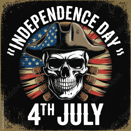Liberty Never Dies: A Skull’s Gritty Tribute to Independence Day with Stars, Stripes, and Revolutionary Defiance, Independence Day Skull T-shirt Vector Typography Design