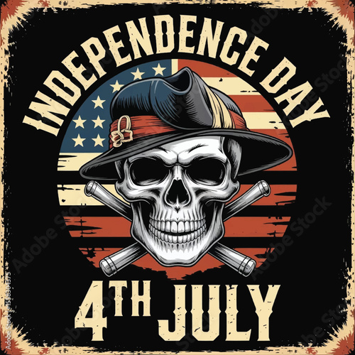 Liberty Never Dies: A Skull’s Gritty Tribute to Independence Day with Stars, Stripes, and Revolutionary Defiance, Independence Day Skull T-shirt Vector Typography Design