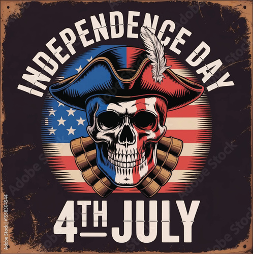 Liberty Never Dies: A Skull’s Gritty Tribute to Independence Day with Stars, Stripes, and Revolutionary Defiance, Independence Day Skull T-shirt Vector Typography Design