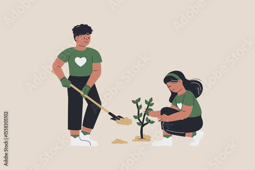 Volunteers Planting the Tree Illustration