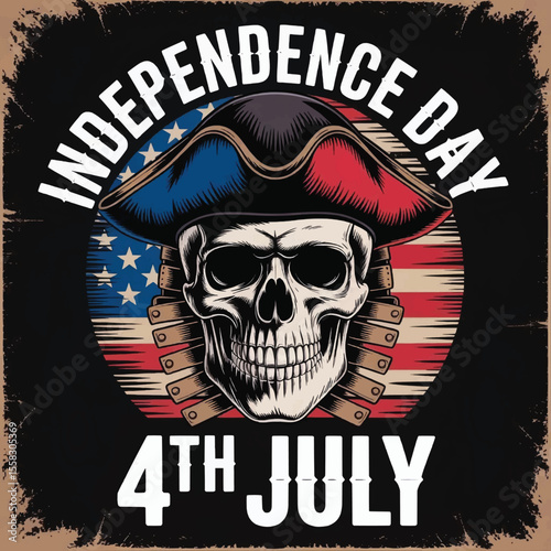Liberty Never Dies: A Skull’s Gritty Tribute to Independence Day with Stars, Stripes, and Revolutionary Defiance, Independence Day Skull T-shirt Vector Typography Design