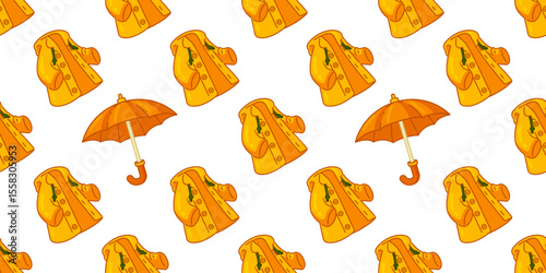 Seamless Raincoat Umbrella Pattern. Seamless pattern with yellow raincoats and orange umbrellas in flat cartoon style. Bright autumn design on white background.