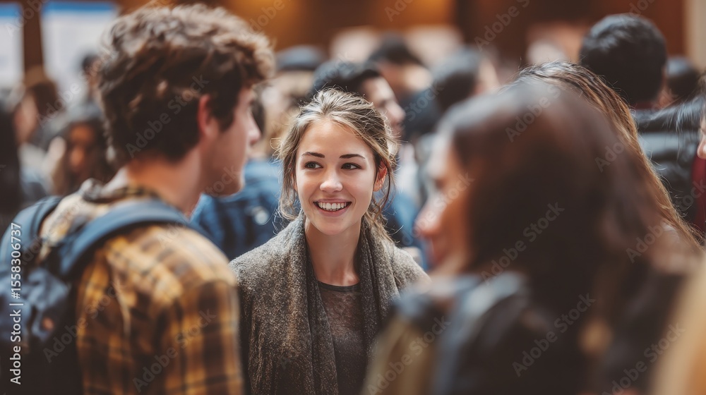 Fototapeta premium Students mingle and chat at a bustling university career fair, Students networking at a career fair