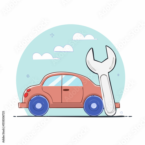 Officina riparazioni per automobili, chiave inglese accanto a un’auto 