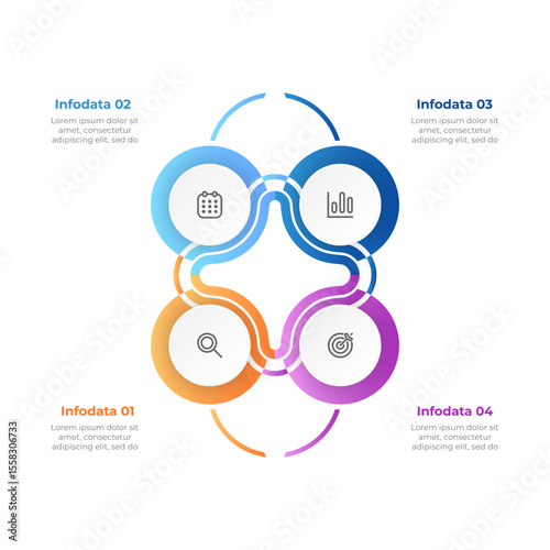 Modern and elegant 4 step circular infographic template, ideal for showcasing business processes, project development, or strategic planning.