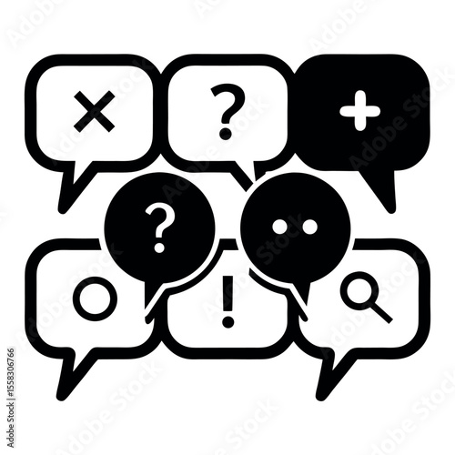 Vector illustration:  Complex questions, answers, and decisions in speech bubbles.