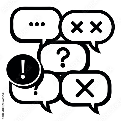 Vector illustration:  Bold black speech bubbles, question marks, errors, and alerts.