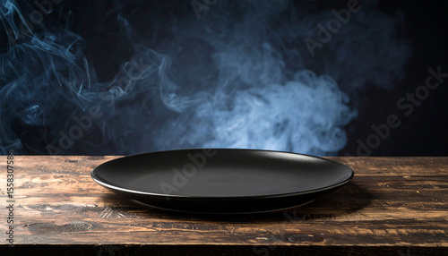Empty space with a round empty plate with smoke effect against a dark  black background.