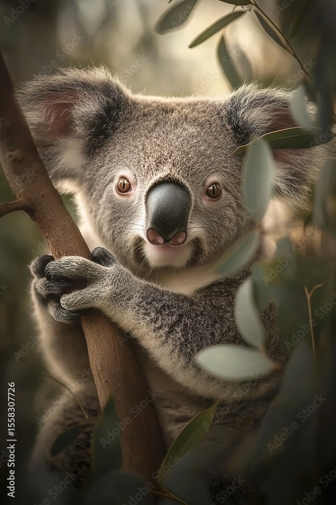 Naklejka premium vertical image adorable koala holding tightly onto tree limb, with peaceful eucalyptus background