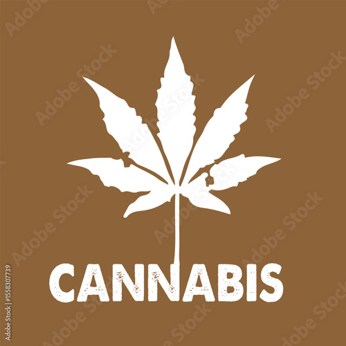  A stylized cannabis leaf is shown in white against a brown background