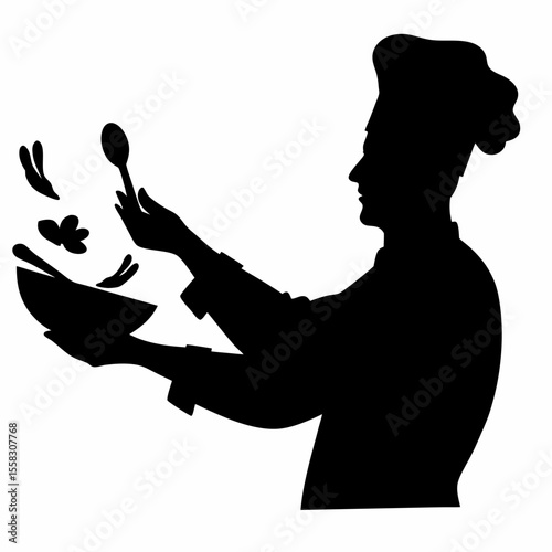 Silhouette of a chef tossing food in a bowl with a spoon wearing a tall chef hat in black color